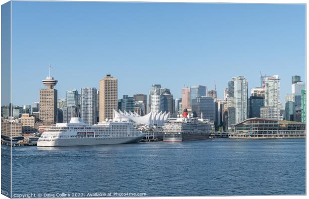 The Silver Whisper and Queen Elizabeth cruise ships docked at the Cruise Line Terminal with the downtown  skyscrapers behind, Vancouver, Canada Canvas Print by Dave Collins