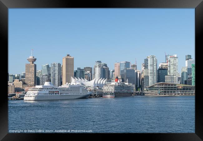 The Silver Whisper and Queen Elizabeth cruise ships docked at the Cruise Line Terminal with the downtown  skyscrapers behind, Vancouver, Canada Framed Print by Dave Collins