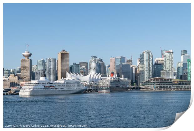 The Silver Whisper and Queen Elizabeth cruise ships docked at the Cruise Line Terminal with the downtown  skyscrapers behind, Vancouver, Canada Print by Dave Collins
