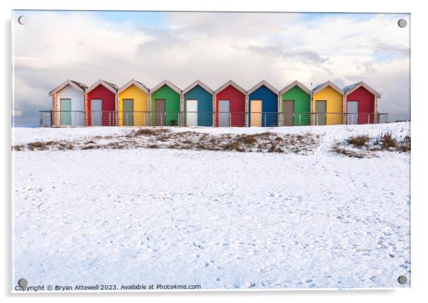 Blyth Beach Huts Snow Acrylic by Bryan Attewell
