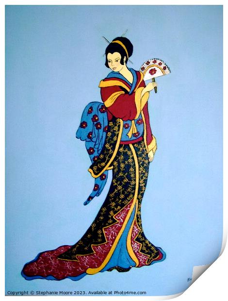 Geisha with fan Print by Stephanie Moore