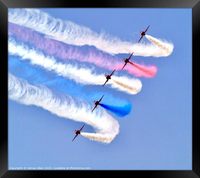 Red Arrow performing at Lowestoft Seafront Air Fes Framed Print by James Allen