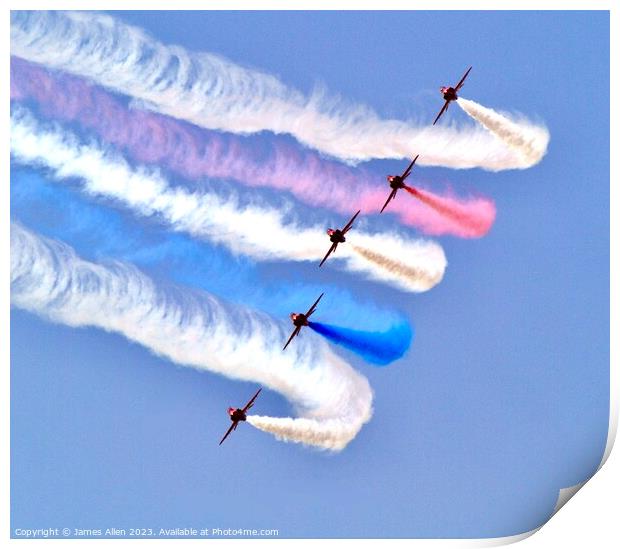 Red Arrow performing at Lowestoft Seafront Air Fes Print by James Allen