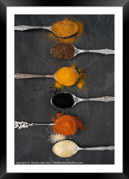 Selection of spices on metal spoons Framed Mounted Print by Thomas Klee