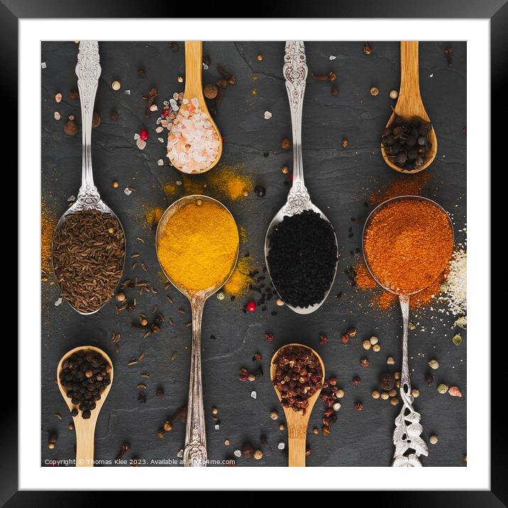 Exotic spices on spoons in a square Framed Mounted Print by Thomas Klee