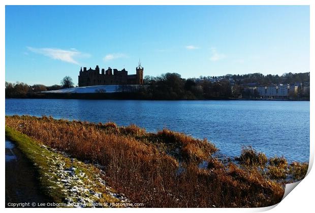 Linlithgow Loch, Palace and Church - Winter Day Print by Lee Osborne