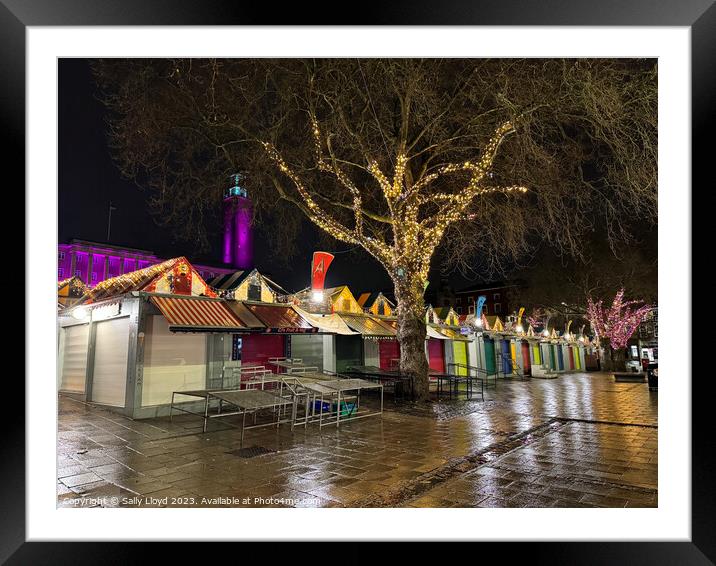 Norwich Market Christmas Lights at Night Framed Mounted Print by Sally Lloyd