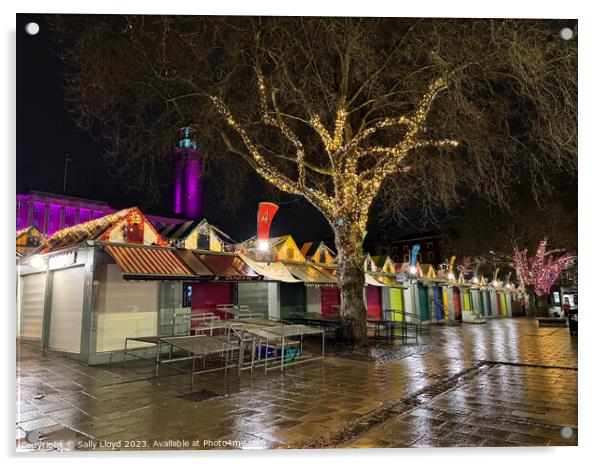 Norwich Market Christmas Lights at Night Acrylic by Sally Lloyd