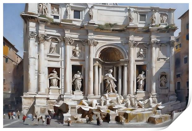Trevi fountain in Rome, Italy - landscape watercolor painting Print by Luigi Petro