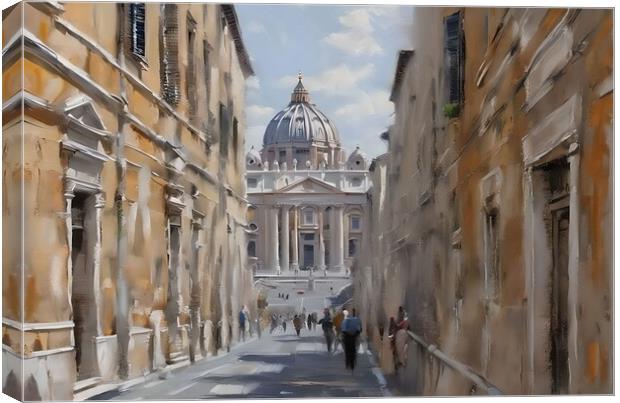 Oil painting of pedestrian street in Rome.  Canvas Print by Luigi Petro