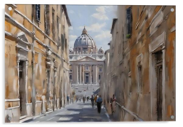 Oil painting of pedestrian street in Rome.  Acrylic by Luigi Petro