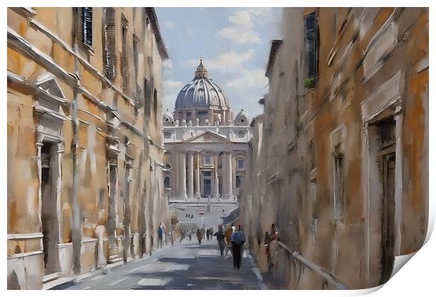 Oil painting of pedestrian street in Rome.  Print by Luigi Petro