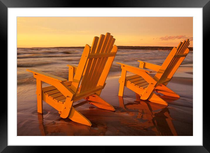 chairs along lake Framed Mounted Print by Dave Reede