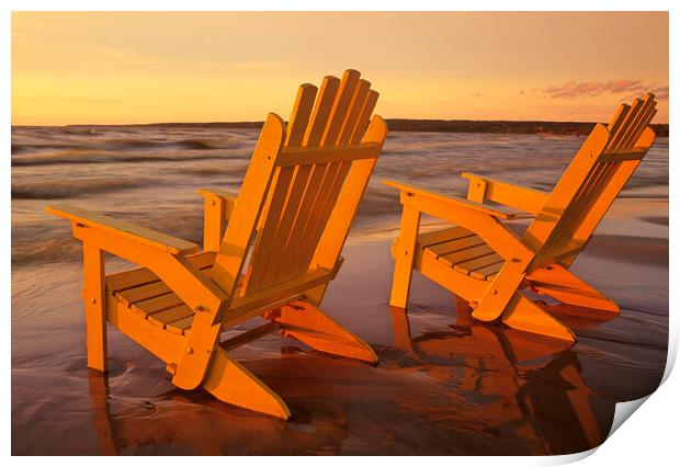 chairs along lake Print by Dave Reede