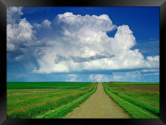 country road with cumulonimbus cloud mass in the background Framed Print by Dave Reede