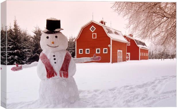 red barns with snowman Canvas Print by Dave Reede