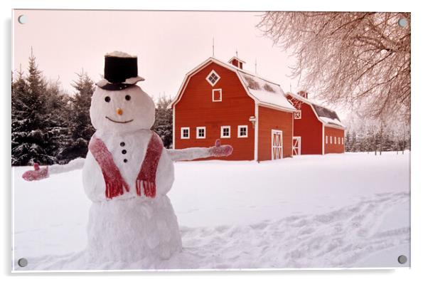 red barns with snowman Acrylic by Dave Reede
