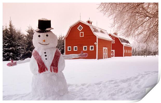 red barns with snowman Print by Dave Reede