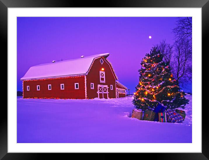 red barn with Christmas tree Framed Mounted Print by Dave Reede