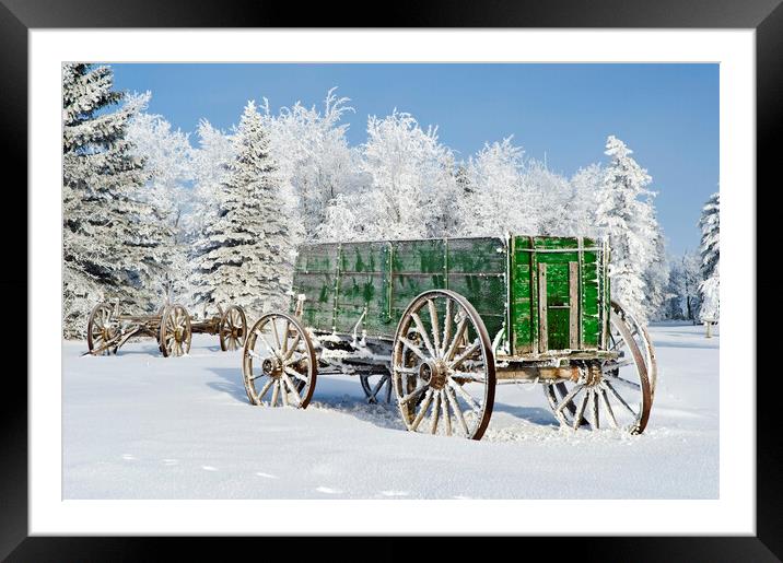 old wagon in the hoarfrost Framed Mounted Print by Dave Reede