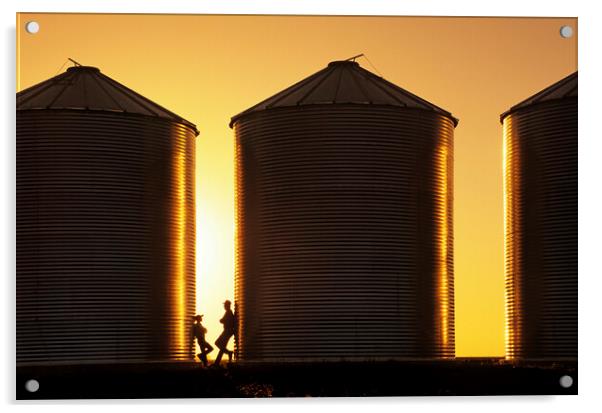 father and son next to grain bins Acrylic by Dave Reede