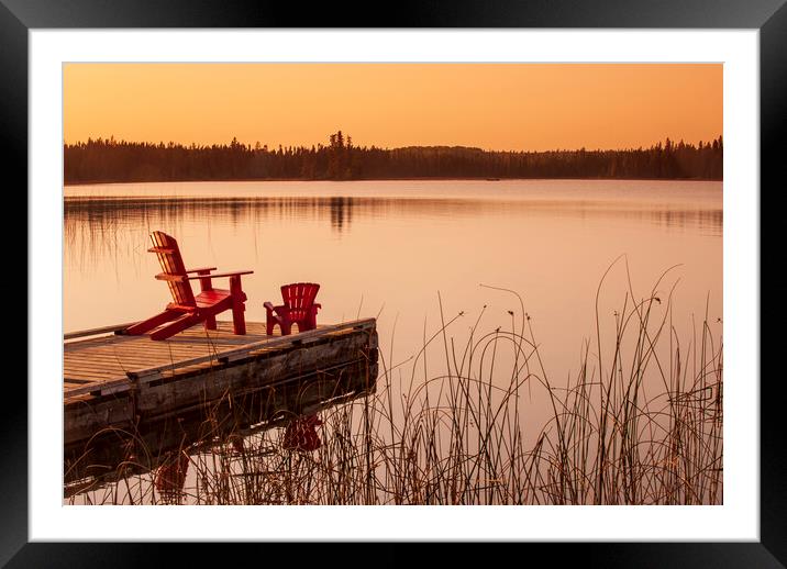 chairs on dock at Beautiful Lake Framed Mounted Print by Dave Reede