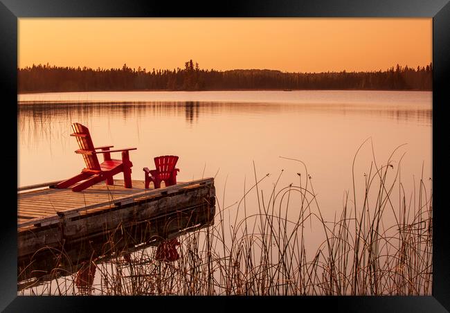 chairs on dock at Beautiful Lake Framed Print by Dave Reede