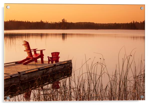 chairs on dock at Beautiful Lake Acrylic by Dave Reede