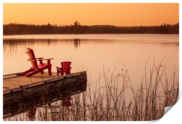chairs on dock at Beautiful Lake Print by Dave Reede