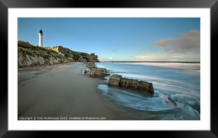 Lossiemouth lighthouse, with Covesea caves and beach below Framed Mounted Print by Tom McPherson