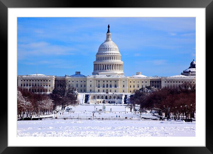 US Capitol Dome Houses of Congress After Snow Washington DC Framed Mounted Print by William Perry
