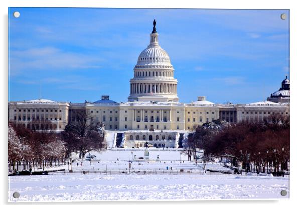 US Capitol Dome Houses of Congress After Snow Washington DC Acrylic by William Perry
