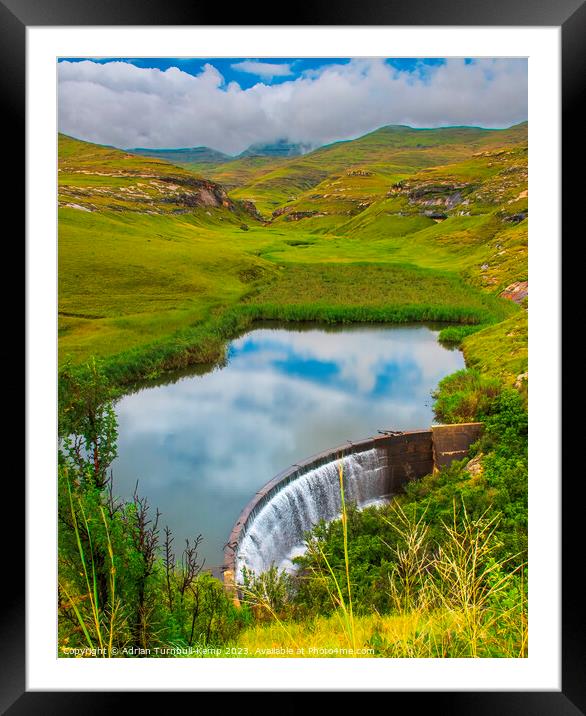 View over Langtoon Dam nestled in a valley in the Golden Gate Highlands National Park beneath the distant Maluti mountains, Free State, South Africa.  Framed Mounted Print by Adrian Turnbull-Kemp