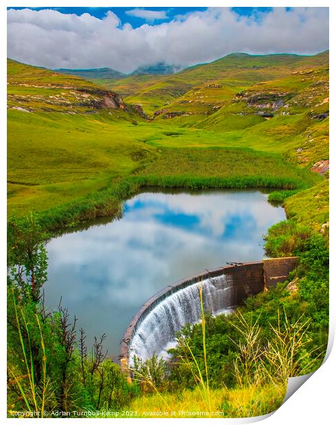 View over Langtoon Dam nestled in a valley in the Golden Gate Highlands National Park beneath the distant Maluti mountains, Free State, South Africa.  Print by Adrian Turnbull-Kemp