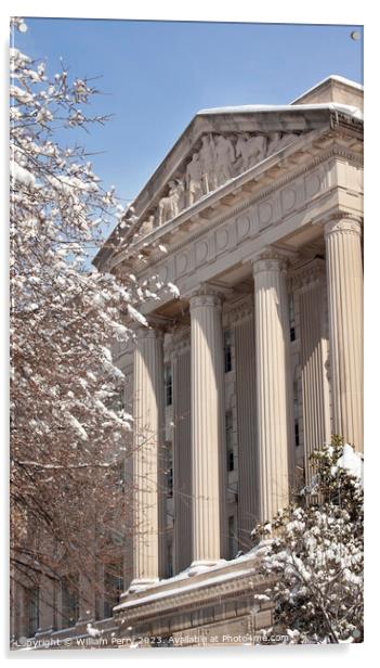 Commerce Department Statues Columns After the Snow Washington DC Acrylic by William Perry