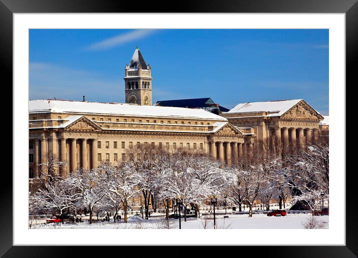 Commerce Department Old Post Office  Snow Washington DC Framed Mounted Print by William Perry