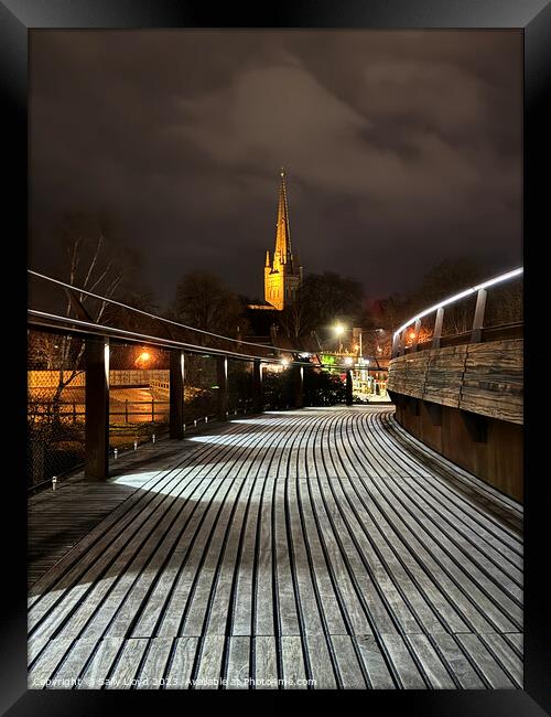 Norwich Cathedral from Jarrold Bridge at Night Framed Print by Sally Lloyd