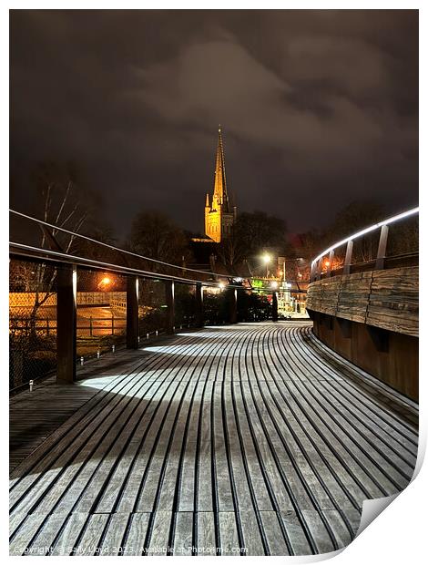Norwich Cathedral from Jarrold Bridge at Night Print by Sally Lloyd