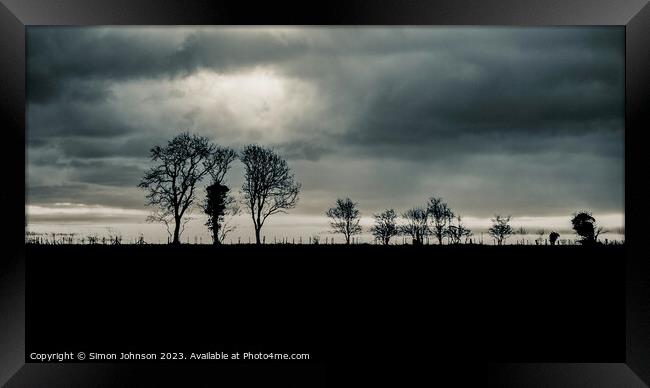 Tree silhouettes  Framed Print by Simon Johnson
