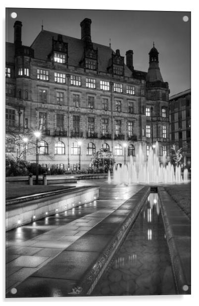 Sheffield Town Hall and Goodwin Fountain at Night    Acrylic by Darren Galpin