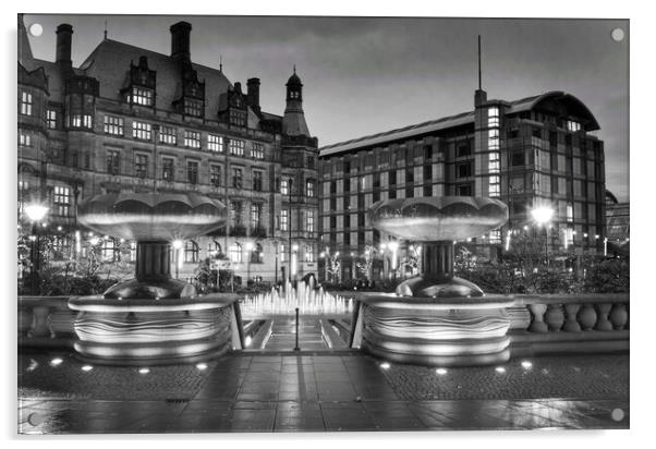 Sheffield Town Hall and Peace Gardens at Night    Acrylic by Darren Galpin