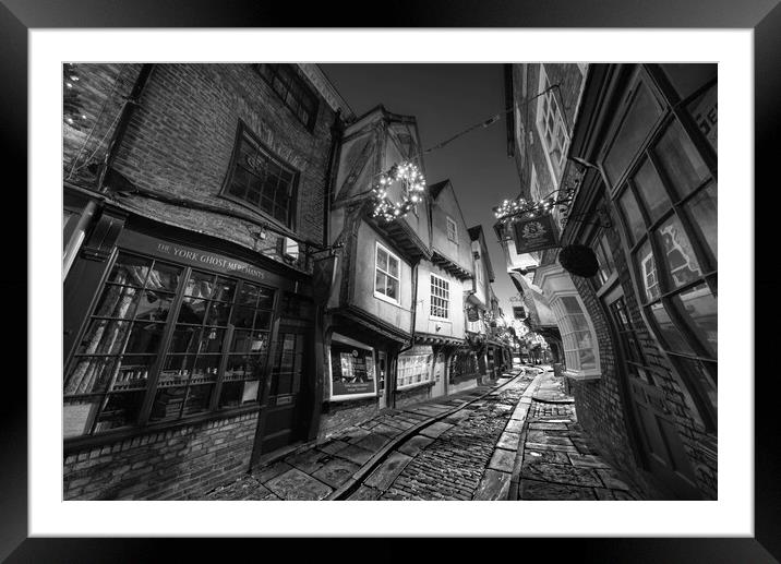York Shambles at Night BW Framed Mounted Print by Alison Chambers