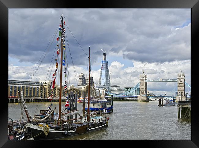 Boats, Shard, Tower Bridge Framed Print by Gary Eason