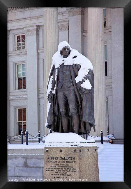 Albert Gallatin Statue Snow US Treasury Washington DC Framed Print by William Perry