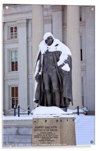 Albert Gallatin Statue Snow US Treasury Washington DC Acrylic by William Perry