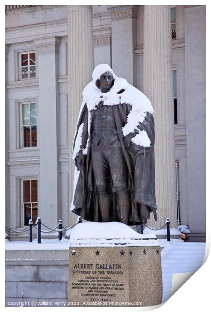 Albert Gallatin Statue Snow US Treasury Washington DC Print by William Perry