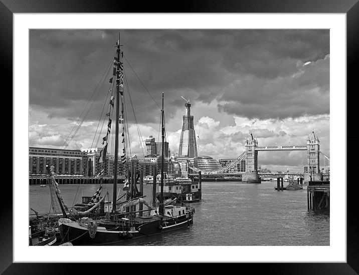 Boats, Shard, bridge, B&W Framed Mounted Print by Gary Eason