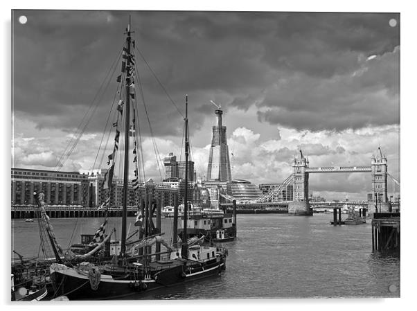 Boats, Shard, bridge, B&W Acrylic by Gary Eason