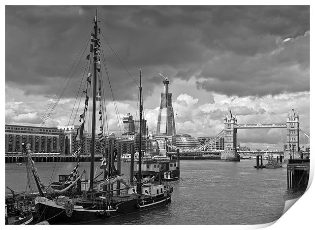 Boats, Shard, bridge, B&W Print by Gary Eason