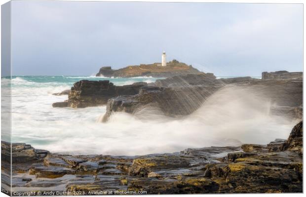 Harmony of Elements: Godrevy Lighthouse in the Dance of Sea and  Canvas Print by Andy Durnin